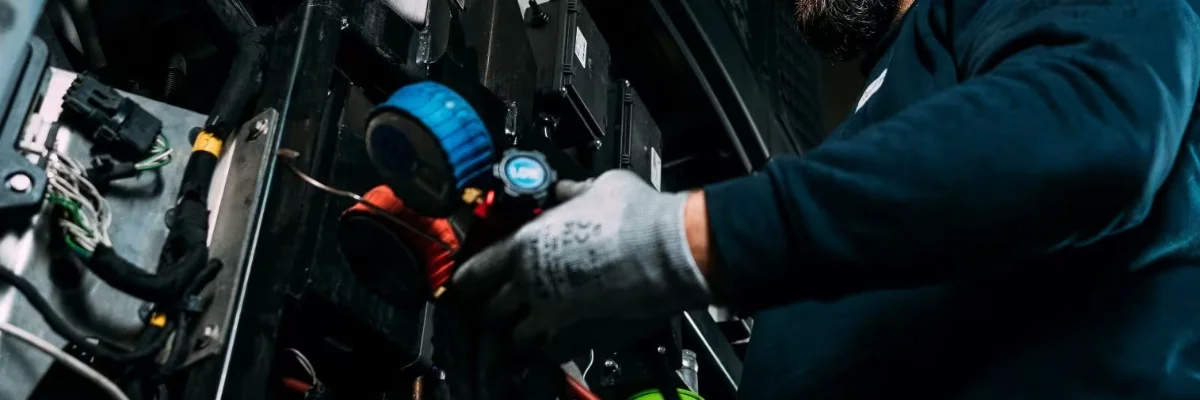 Tecnico de Carrier revisando un equió de enfriamietno