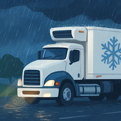 camion refrigerado viajando bajo la lluvia.